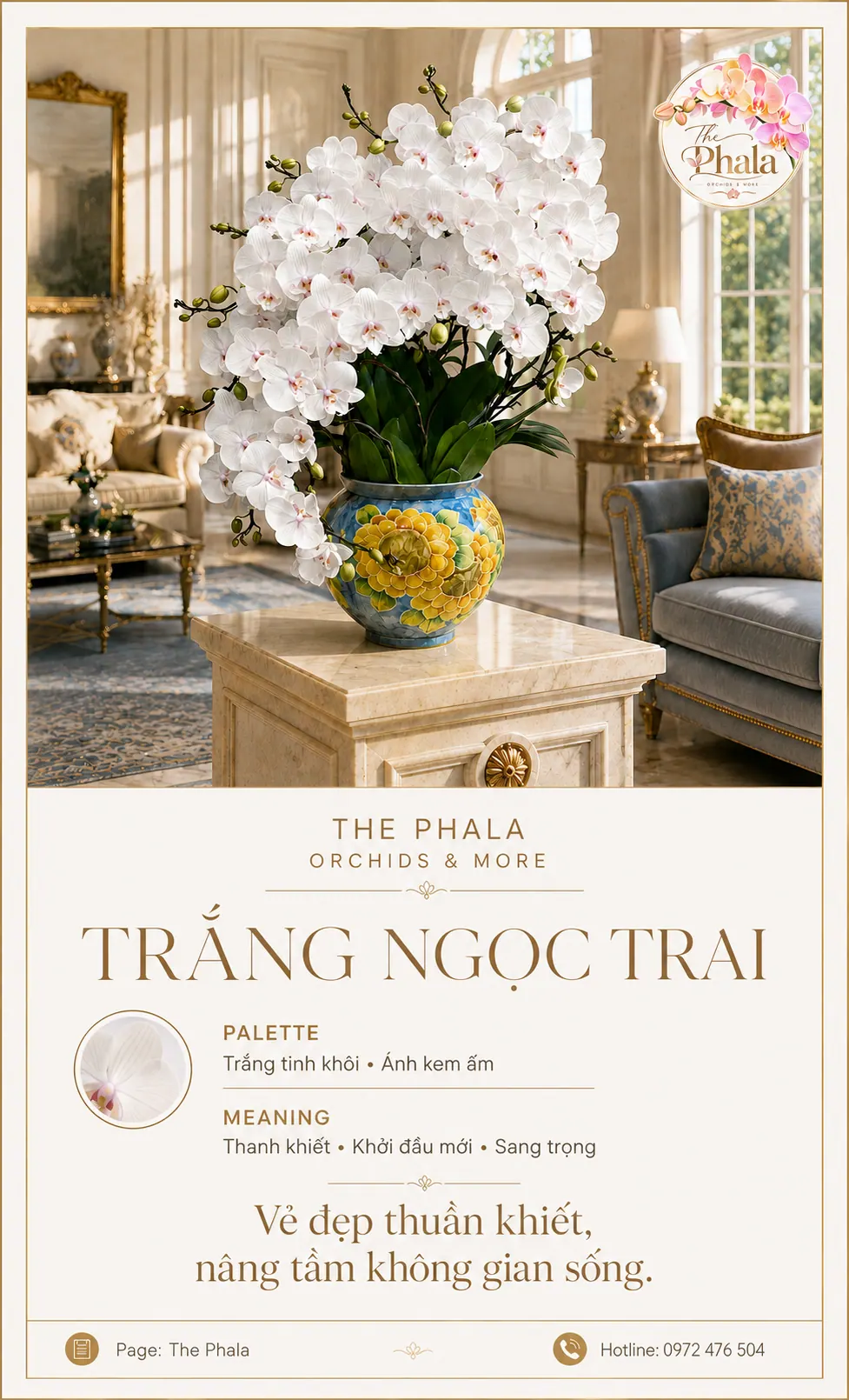Chậu lan hồ điệp trắng 8 cành dáng thác đổ cắm trong chậu sứ họa tiết hoa hướng dương vàng nổi bật trang trí phòng khách The Phala