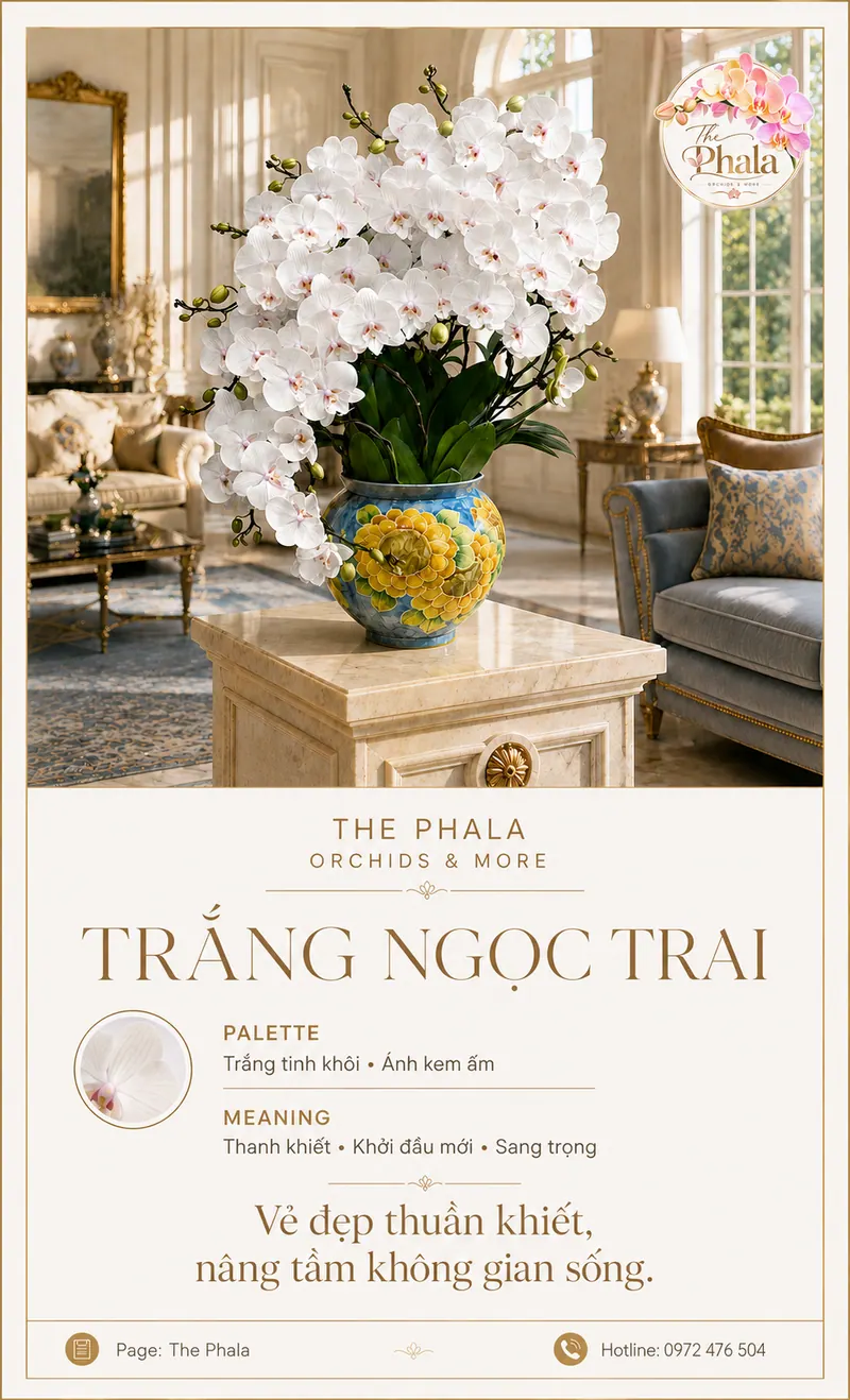 Chậu lan hồ điệp trắng 8 cành dáng thác đổ cắm trong chậu sứ họa tiết hoa hướng dương vàng nổi bật trang trí phòng khách The Phala