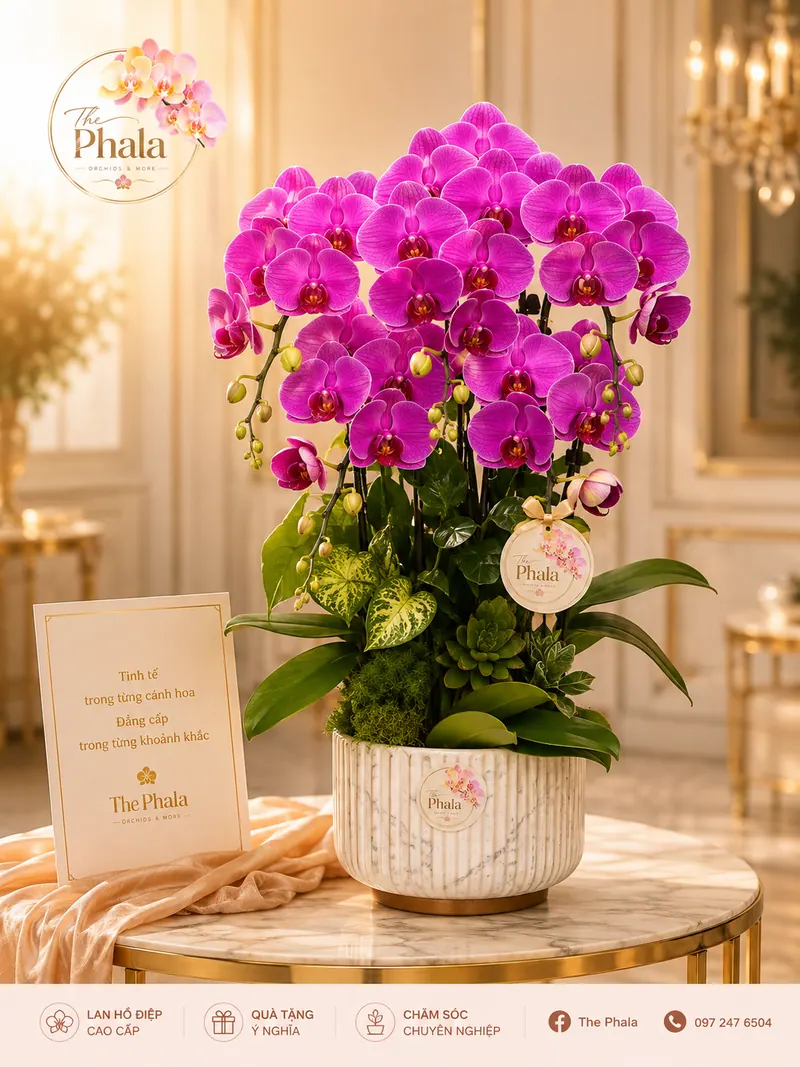 Chậu lan hồ điệp tím 5 cành dáng tròn cắm trong chậu sứ trắng vân mây sang trọng của thương hiệu The Phala