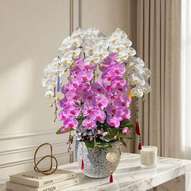 Chậu lan hồ điệp 10 cành đa sắc phối màu trắng và tím cắm trong chậu gốm men loang xanh trắng độc đáo của The Phala