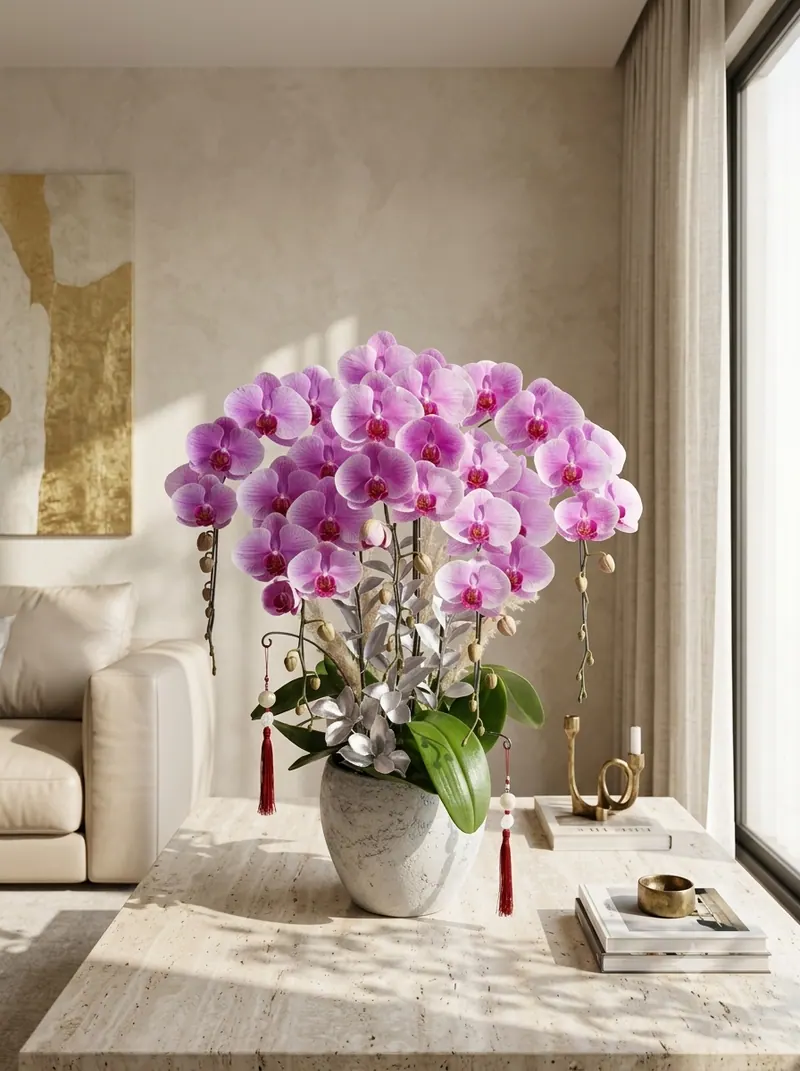 Chậu lan hồ điệp hồng 5 cành chậu xám cắm kiểu nghệ thuật trang trí phòng khách The Phala