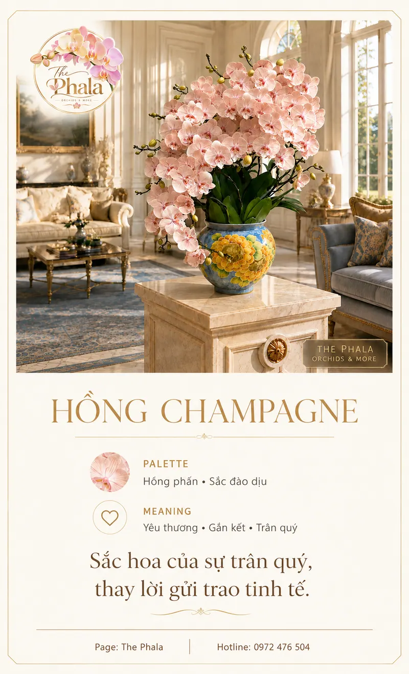 Chậu lan hồ điệp hồng champagne 8 cành dáng thác đổ cắm trong chậu sứ hoa văn nổi bật tại The Phala