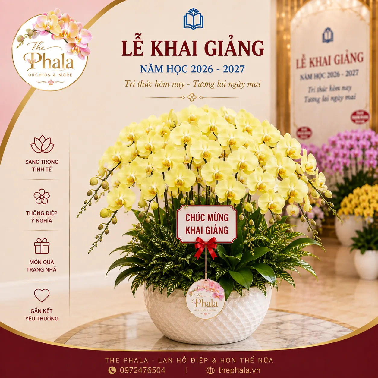 Chậu lan hồ điệp vàng 20 cành cắm tròn trong chậu sứ trắng vân nổi mừng Lễ Khai Giảng từ The Phala