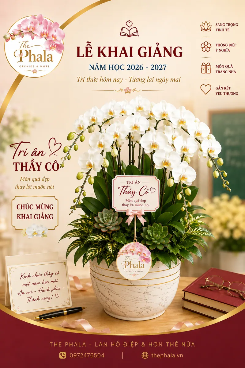 Chậu lan hồ điệp trắng 8 cành cắm kết hợp cây sen đá trong chậu sứ vân đá viền vàng của thương hiệu The Phala.