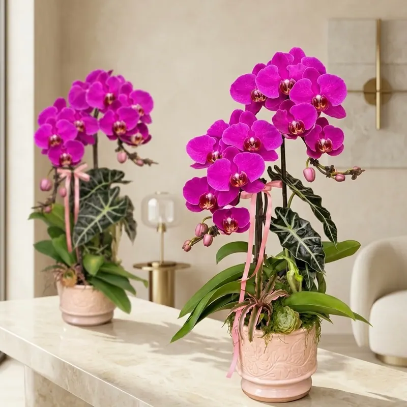 Chậu lan hồ điệp hồng 2 cành mix tiểu cảnh sang trọng từ thương hiệu The Phala
