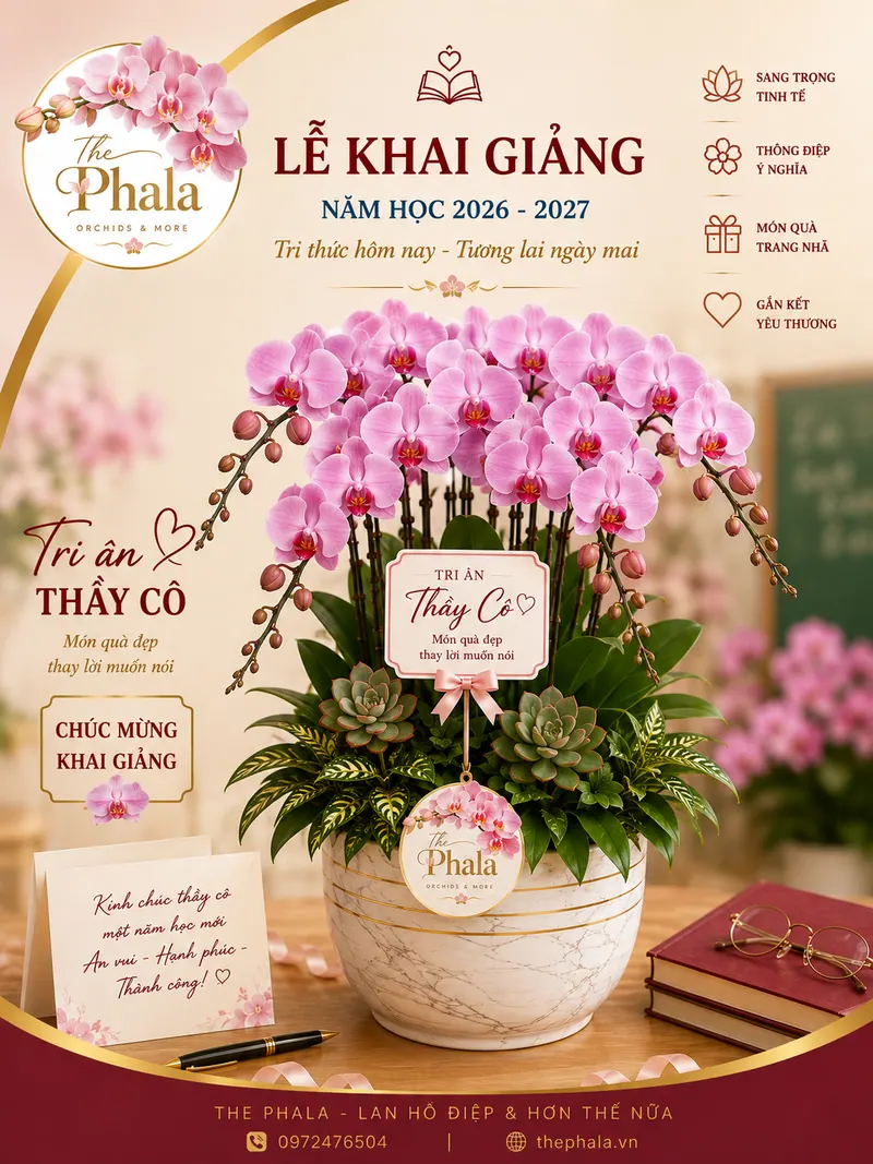 Chậu lan hồ điệp hồng 8 cành cắm trong chậu sứ vân đá viền vàng mừng khai giảng, tri ân thầy cô từ thương hiệu The Phala