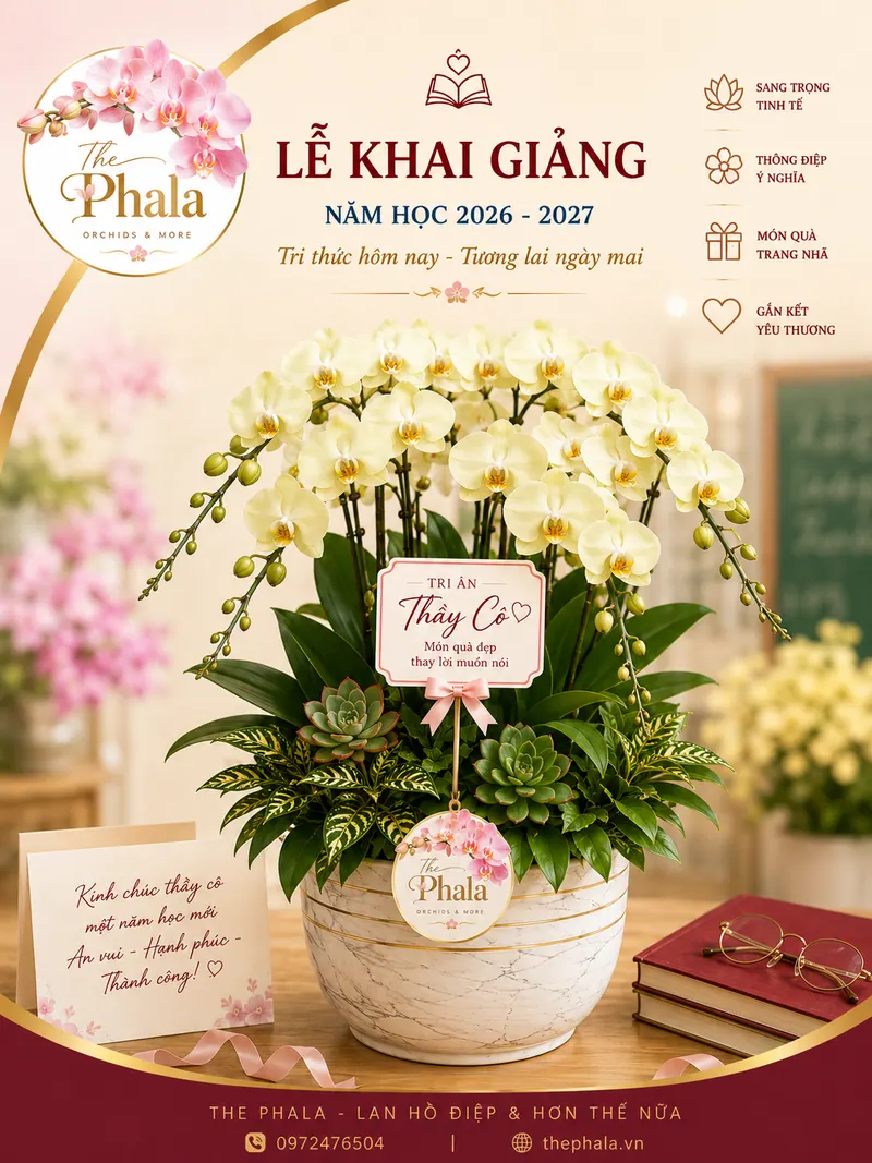Chậu lan hồ điệp vàng 8 cành chậu sứ vân đá trang trí tri ân thầy cô The Phala