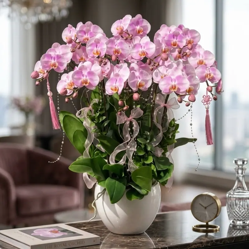 Chậu lan hồ điệp hồng 8 cành dáng vòm cắm trong chậu sứ trắng tròn sang trọng thương hiệu The Phala
