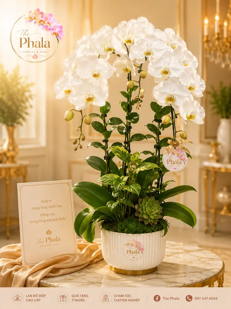 Chậu lan hồ điệp trắng 3 cành cắm chậu sứ trắng sọc khía sang trọng từ thương hiệu The Phala