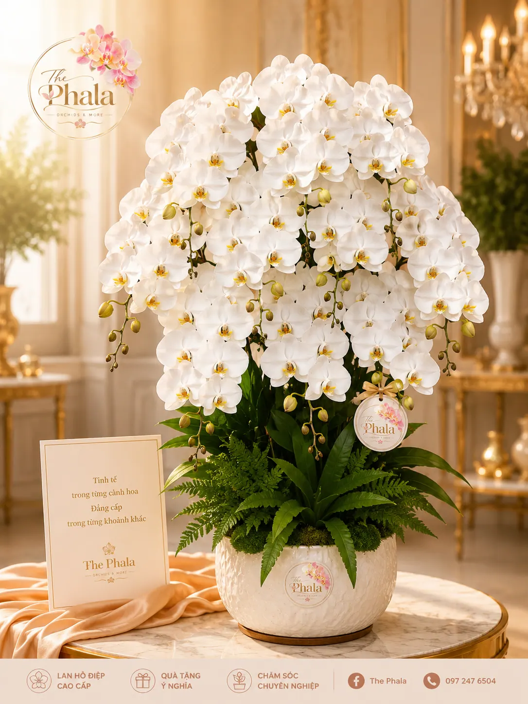 Chậu lan hồ điệp 10 cành màu trắng cắm trong chậu sứ trắng hoa văn nổi sang trọng của thương hiệu The Phala
