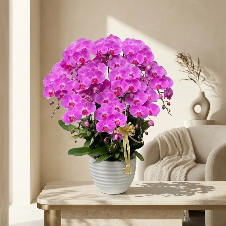 Chậu lan hồ điệp hồng 10 cành men sọc trắng trang trí phòng khách sang trọng từ thương hiệu The Phala