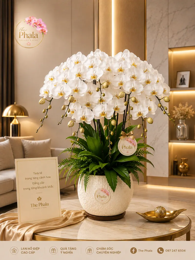 Chậu lan hồ điệp trắng 8 cành cắm trong chậu sứ trắng hoa văn nổi trang trí phòng khách sang trọng của The Phala