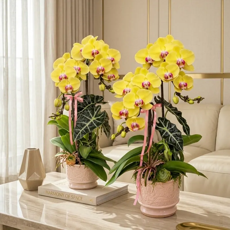 Chậu lan hồ điệp vàng 2 cành cắm trong chậu sứ hồng có hoa văn nổi trang trí phòng khách từ thương hiệu The Phala