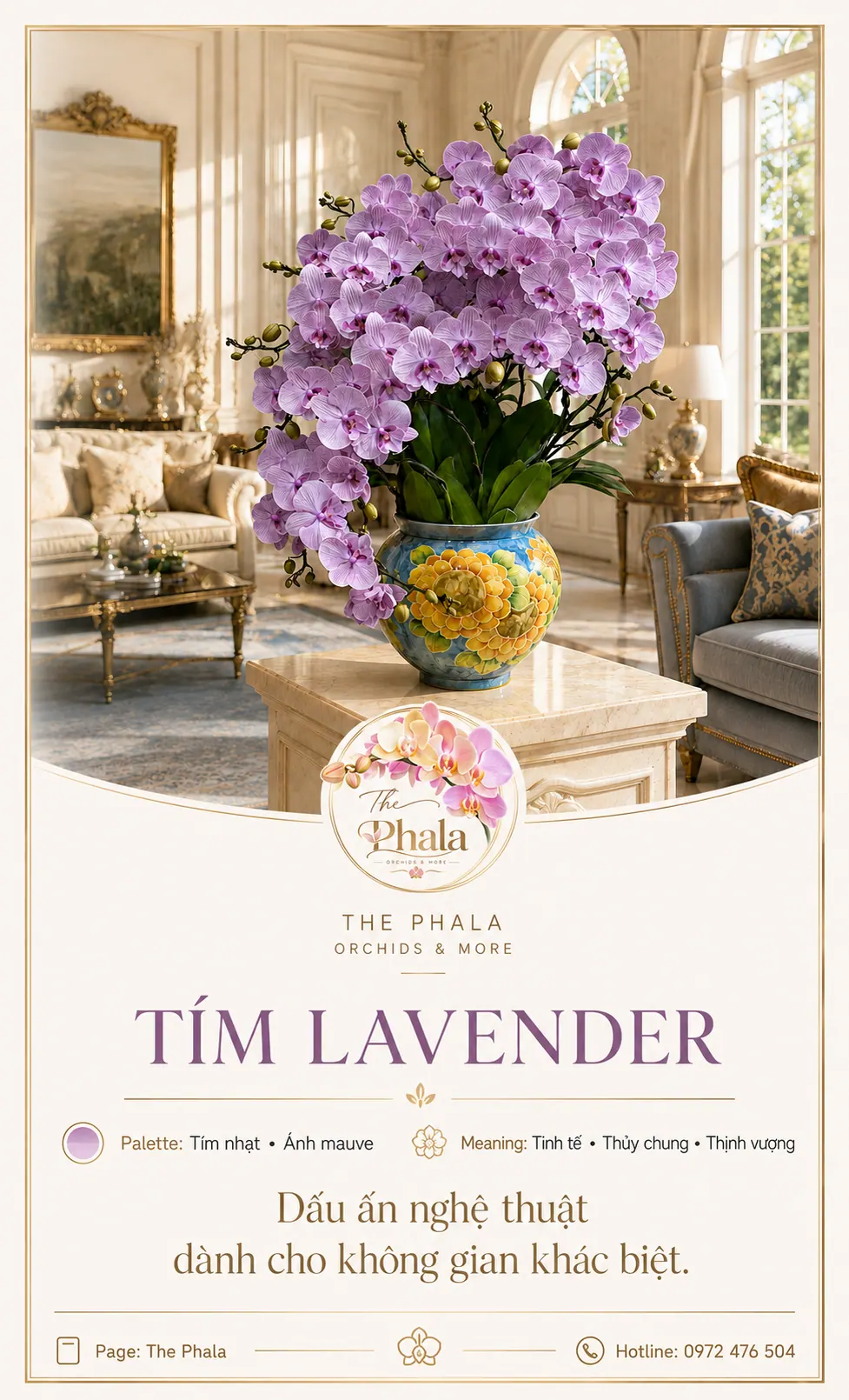 Chậu lan hồ điệp 8 cành tím lavender dáng rủ nghệ thuật cắm trong chậu sứ hoa văn nổi bật của The Phala
