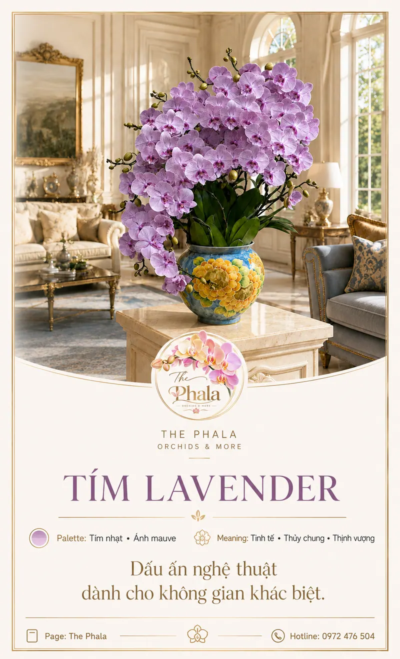Chậu lan hồ điệp 8 cành tím lavender dáng rủ nghệ thuật cắm trong chậu sứ hoa văn nổi bật của The Phala