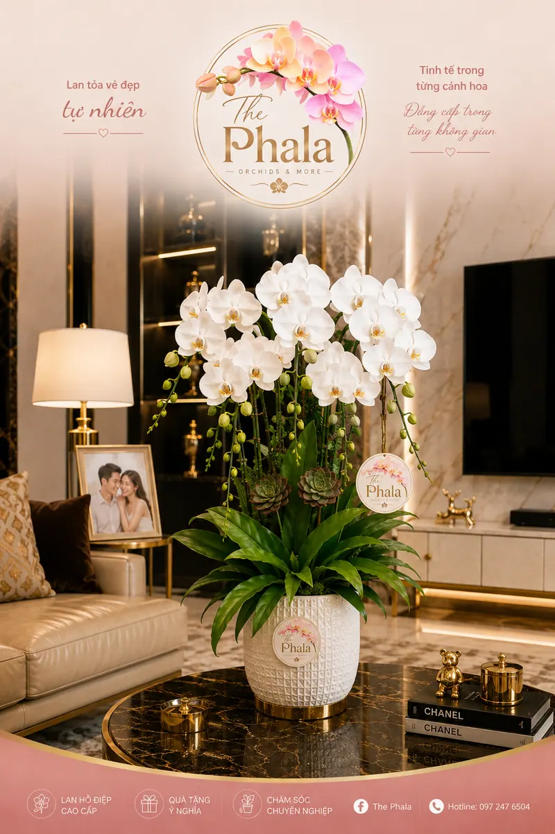 Chậu lan hồ điệp trắng 5 cành cắm trong chậu sứ trắng họa tiết nổi cao cấp từ thương hiệu The Phala, trưng bày tại phòng khách sang trọng.