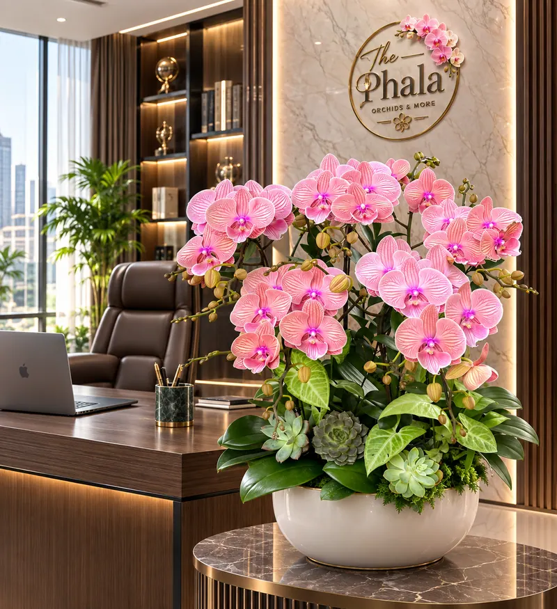 Chậu lan hồ điệp hồng 5 cành dáng tròn sang trọng trang trí phòng làm việc The Phala