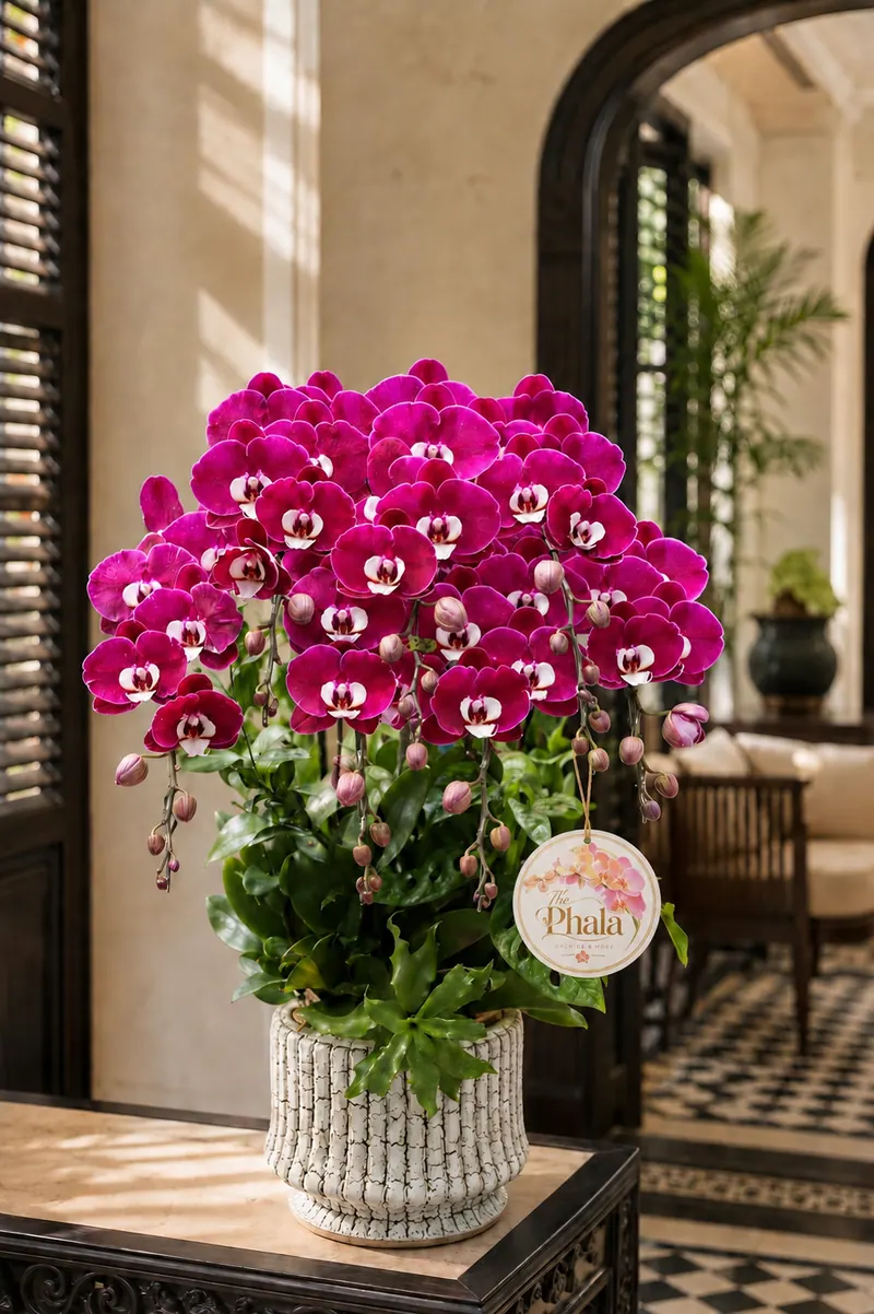 Chậu lan hồ điệp tím 8 cành dáng tròn trong chậu sứ trắng vân nứt độc đáo thương hiệu The Phala