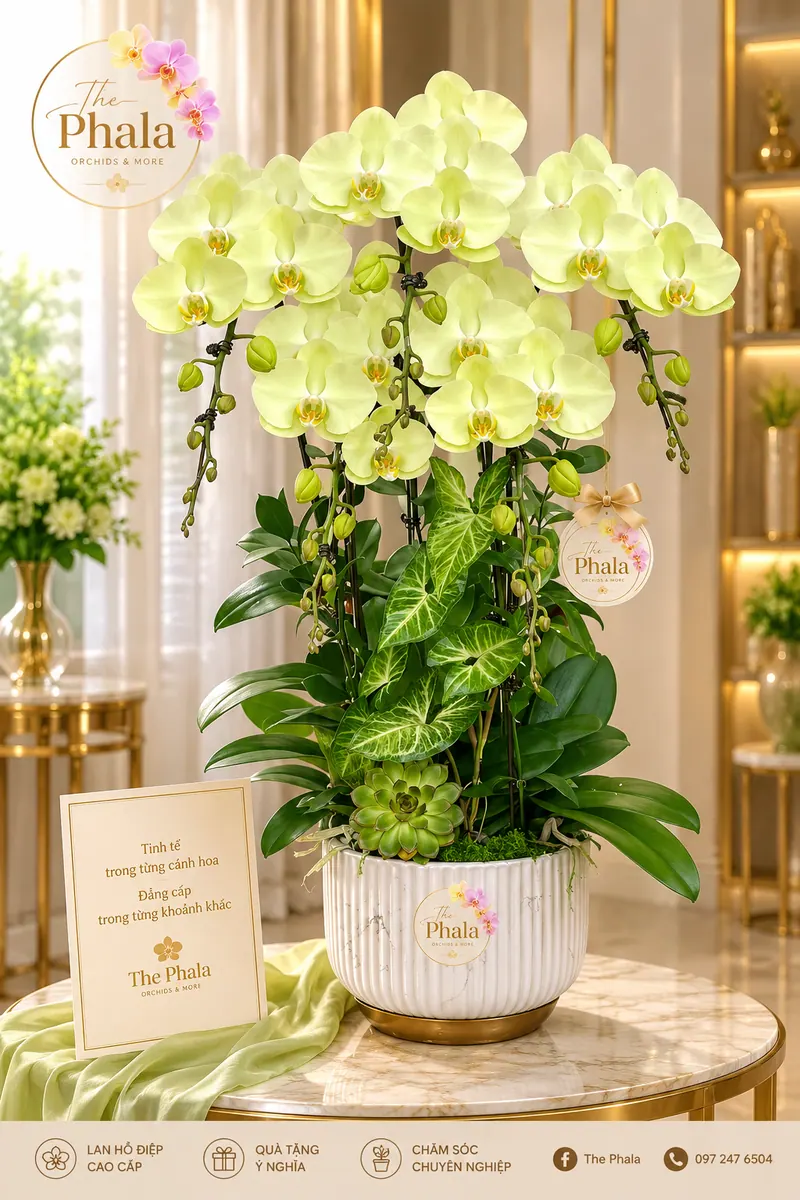 Chậu lan hồ điệp vàng 5 cành cắm trong chậu sứ trắng vân mây viền vàng cao cấp từ The Phala