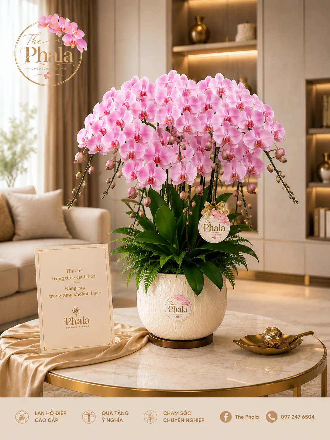 Chậu lan hồ điệp hồng 8 cành dáng tỏa tròn chậu sứ vân nổi sang trọng trang trí phòng khách từ thương hiệu The Phala