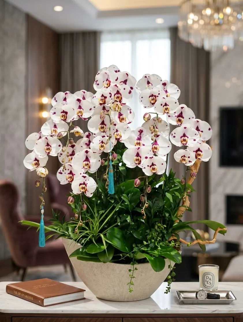 Chậu lan hồ điệp đa sắc 8 cành chậu xi măng trắng tinh tế từ The Phala