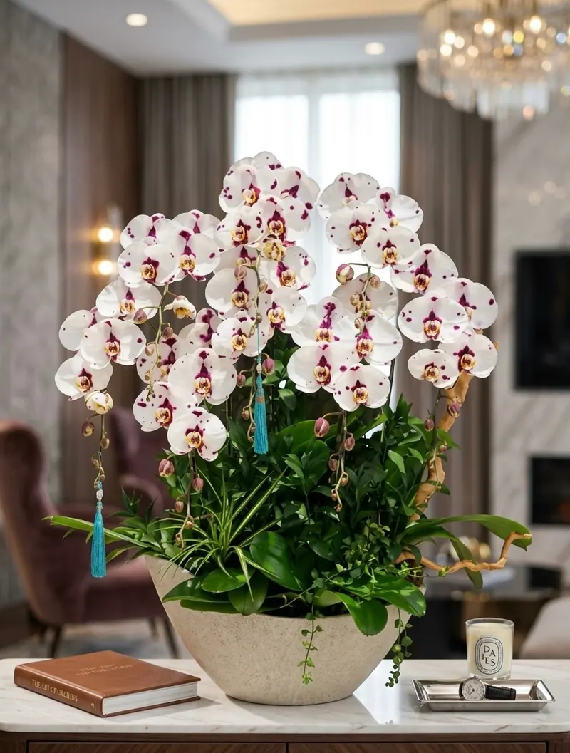 Chậu lan hồ điệp đa sắc 8 cành chậu xi măng trắng tinh tế từ The Phala