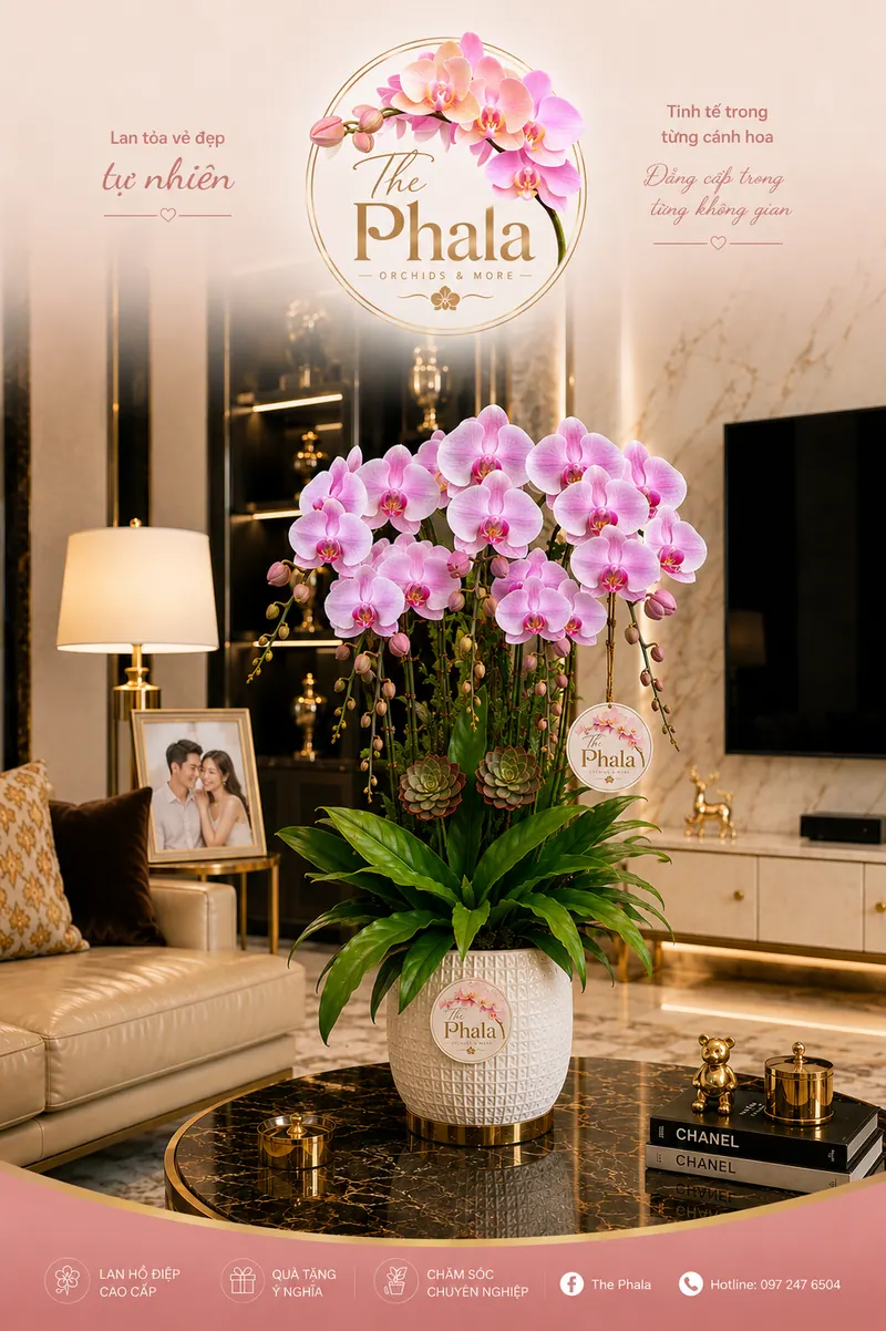 Chậu lan hồ điệp hồng 5 cành cắm trong chậu sứ trắng hoa văn nổi sang trọng trang trí phòng khách từ The Phala