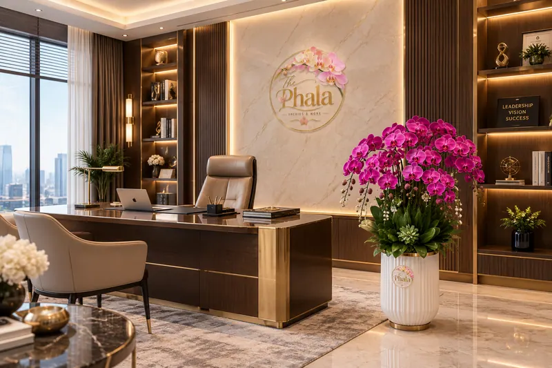Chậu lan hồ điệp tím 12 cành dáng cao đặt trong chậu sứ trắng sọc đứng trang trí phòng lãnh đạo The Phala